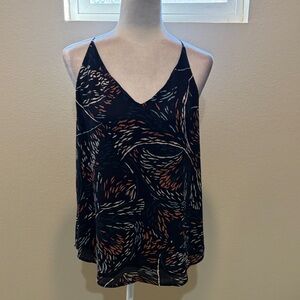 LOFT Navy Blue V-Neck Cami with Rust and Ivory Abstract Print-Size M
